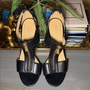 Michael Kors Black Leather Sandals with Gold Zipper